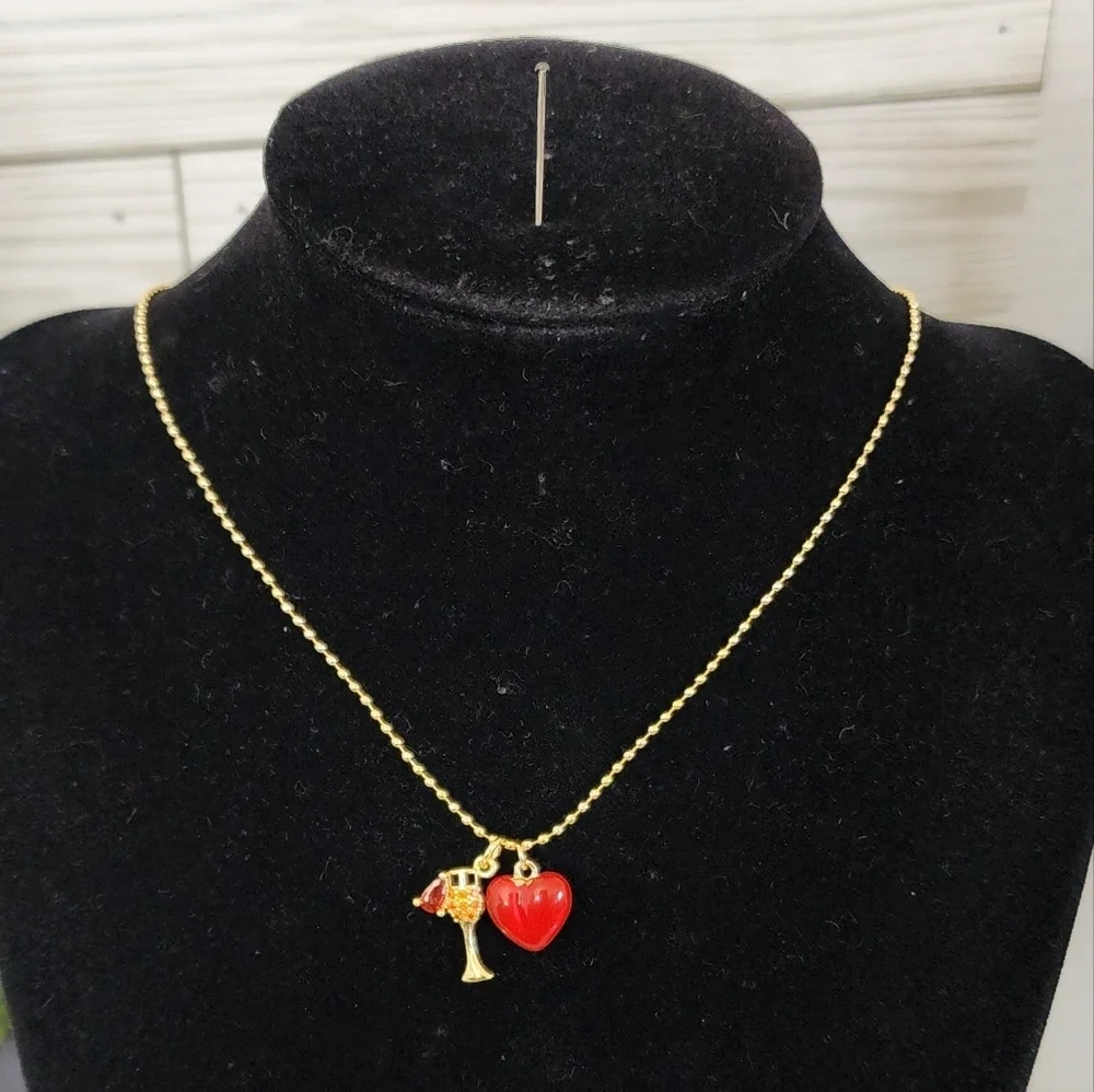 Delicate Gold Charm Necklace Red Stone Heart and Red Wine Glass